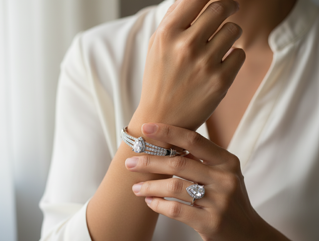 Close-up of a person's hand wearing a bracelet and ring with a blurred background